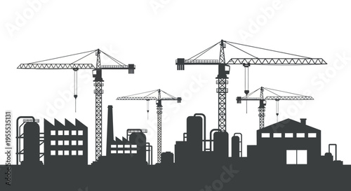 Industrial Construction Site Silhouette with Tower Cranes and Factory Buildings
