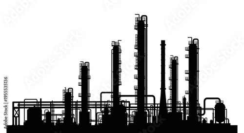Industrial Chemical Plant and Oil Refinery Silhouette with Distillation Towers and Pipelines Isolated on White Background