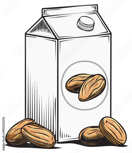 Almond milk carton with almonds illustration, plant based beverage, healthy eating