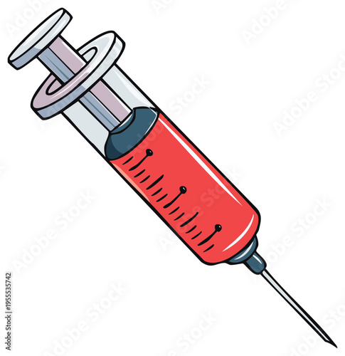 Cartoon medical syringe with needle and red liquid for injection or blood test