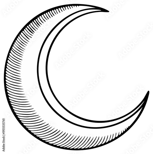 Crescent moon stylized with hatching for a classic celestial symbol