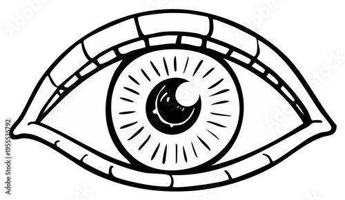 Monochrome Eye Illustration: Detailed Line Art Depicting Iris, Pupil, Eyelashes, and Eye Shape in a Bold Graphic Style
