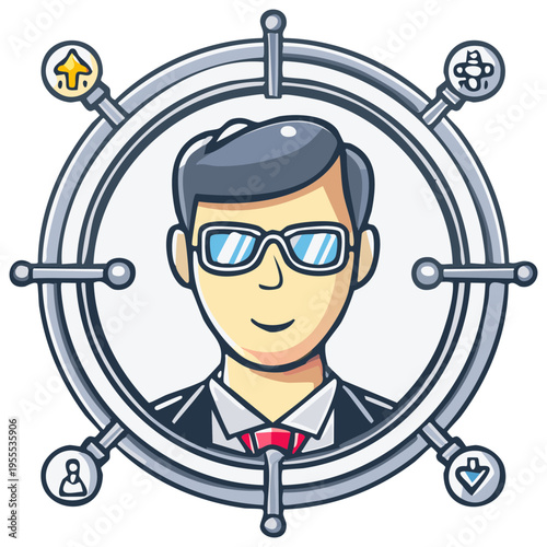 Cartoon Style Businessman at the Helm Surrounded by Growth, Ideas, and Teamwork Icons