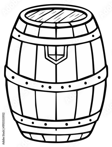 Hand drawn outline illustration of a wooden barrel with metal bands, clear linework