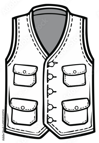 Illustration of a classic vest with multiple pockets in black and white