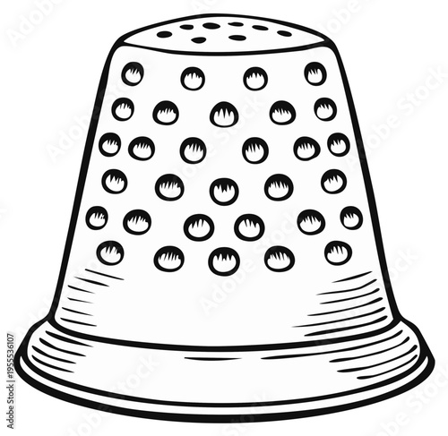 Illustration of a thimble, hand drawn with fine lines, sewing tool