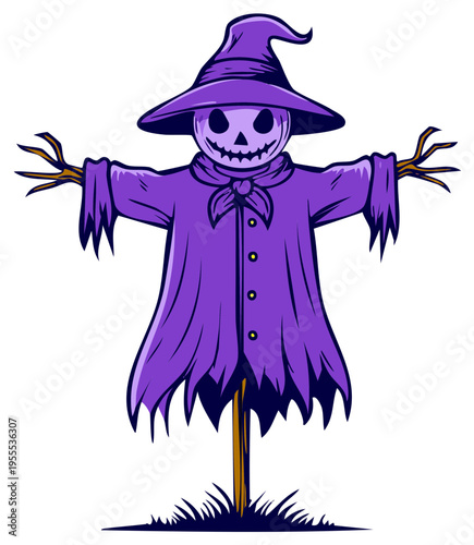 Whimsical purple scarecrow with a hat, tie, and stitched smile, standing in a field.