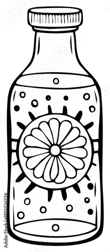 Hand-drawn sketch of a glass bottle filled with bubbly liquid and a floral design element