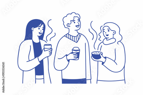 Three people enjoying warm beverages and socializing in a simple illustration