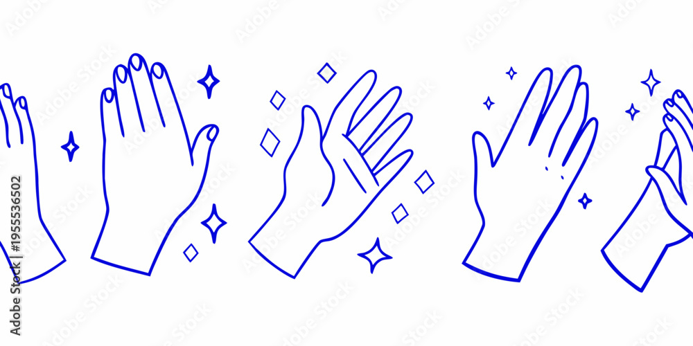 Fototapeta premium A series of blue line art illustrations depicting hands clapping and praising