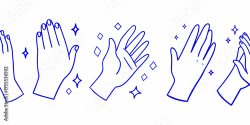 A series of blue line art illustrations depicting hands clapping and praising