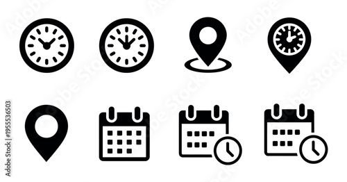 Time, address, and date icons with clock, location pin, and calendar symbols, modern flat vector illustrations for apps, scheduling, and navigation design
