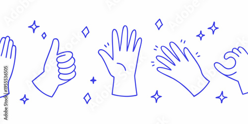 Various hand gestures and sparkling elements in a blue line art style