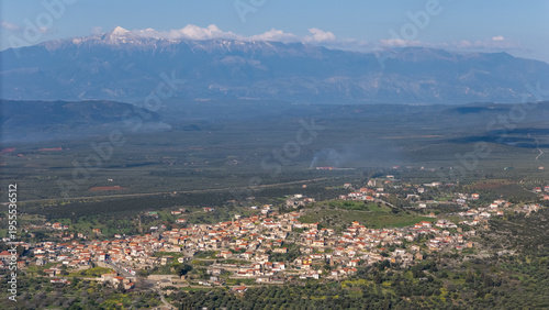 Drone shot of the historic village of Geraki on the slopes of Mount Parnon, Peloponnese