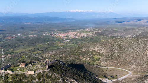 Drone shot of the historic village of Geraki on the slopes of Mount Parnon, Peloponnese