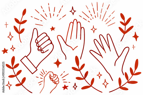 Red line art depicts hands giving a high five and celebratory elements