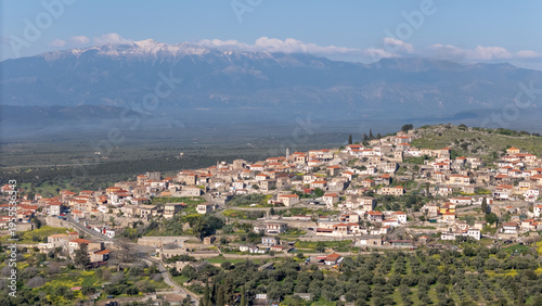 Drone shot of the historic village of Geraki on the slopes of Mount Parnon, Peloponnese