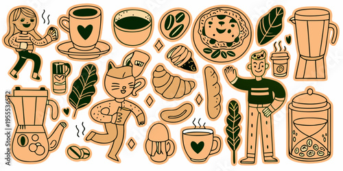 A collection of hand drawn coffee pastries and people enjoying beverages