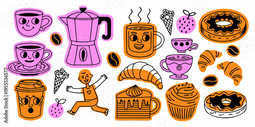 Colorful illustration of coffee pastries and a cheerful running character