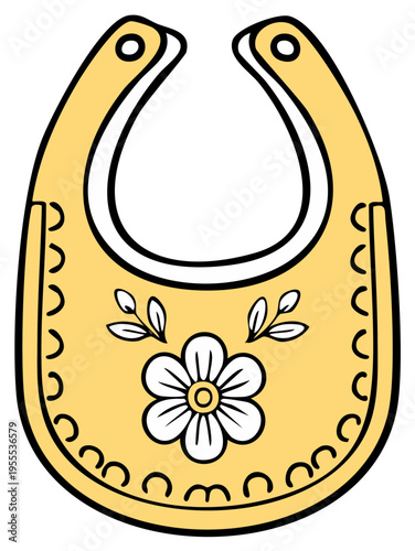 Cartoon illustration of a yellow baby bib with floral design