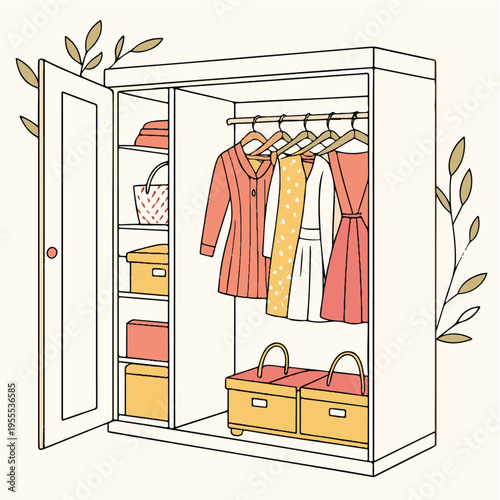 A vector illustration of a modern wood wardrobe with fashion clothing inside a bedroom interior featuring a window, bed, and decorative wall frame in a cartoon home design