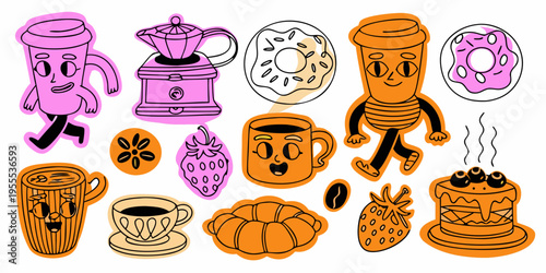 Colorful illustration of coffee sweets and fruit with playful character designs