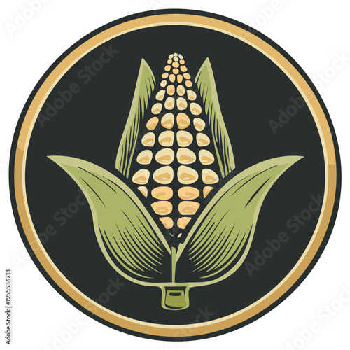 Vibrant Ear of Corn Illustration Fresh Maize with Husk Vector Emblem Depicting Farm Produce Nutrition and Food Source Iconography