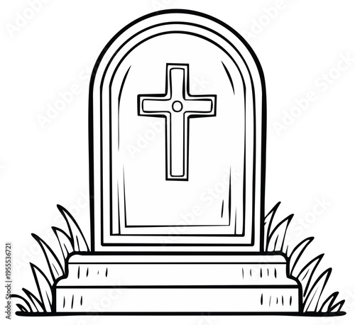 Tombstone vector illustration with grass in black and white for cemetery, church, religion and obituary graphic design