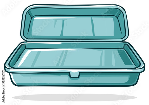 Open empty light blue foam food container cartoon style illustration for packaging takeaway