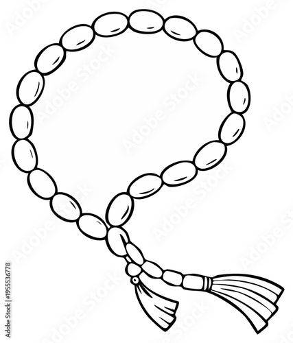 Islamic prayer beads or worry beads crafted from oval beads with a decorative tassel hand drawn in a simple line art style.