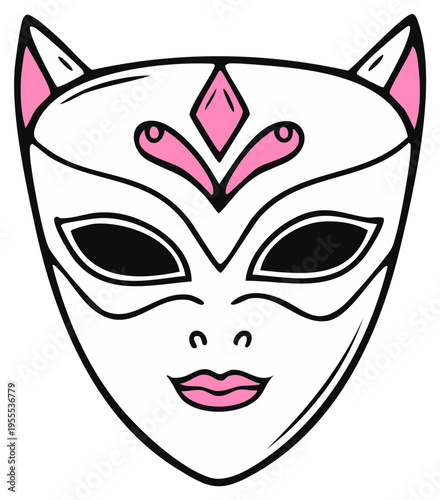 Elegant Venetian-style masquerade mask with feline accents; stylized, whimsical, pink and white with cat-like ears and abstract facial features
