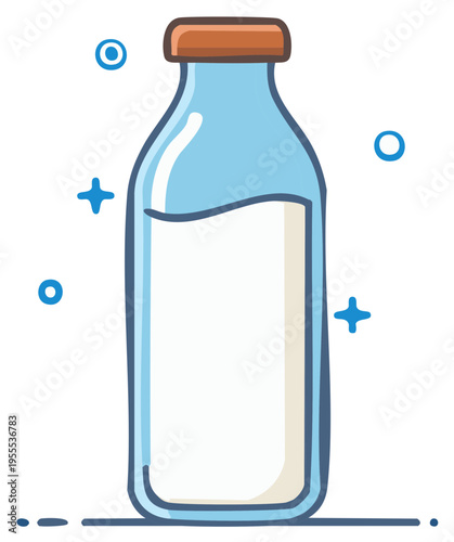 Charming Milk Bottle Cartoon Illustration: Blue Hand-Drawn Style with Cap, Isolated Vector