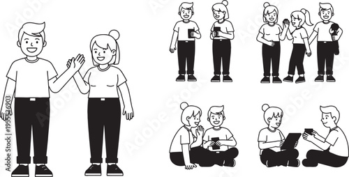 Set of cartoon children interacting with each other in various social situations and activities toge