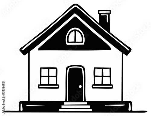 Simple black and white illustration of a detached house with a pitched roof, chimney, and arched window.