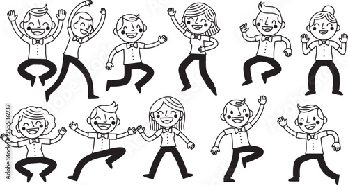 Set of cartoon people dancing and jumping with different poses and expressions smiling joyful  happy