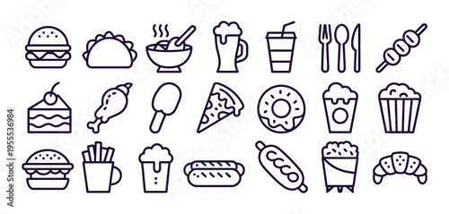 fast food flat line icons set, burger fast snacks sandwich french fries hot dog mexican burrito pizza, modern outline style, minimal vector illustration, clean editable design, restaurant menu element