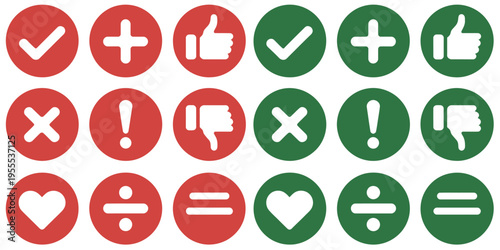 Validation and agreement icon set with red and green circles, representing approval, rejection, and denial symbols, clean isolated vector illustration