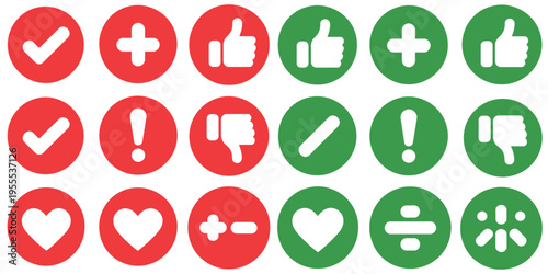 Validation and agreement icon set with red and green circles, representing approval, rejection, and denial symbols, clean isolated vector illustration