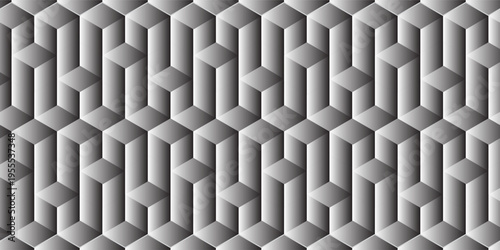 Seamless geometric pattern with 3D cubes in grayscale. The optical illusion creates a visually engaging and modern design, perfect for backgrounds, wallpapers, and textiles