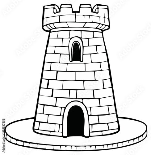 Line Art Illustration of a Stone Tower Structure Cartoon Outline Architectural Building