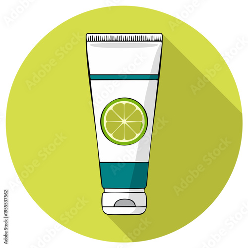 Vector illustration of a squeeze tube with a lime slice graphic and teal accents on a green circle backdrop
