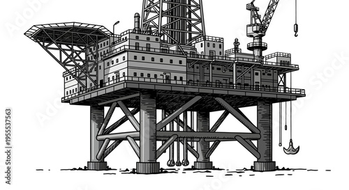 black and white illustration of offshore oil rig platform