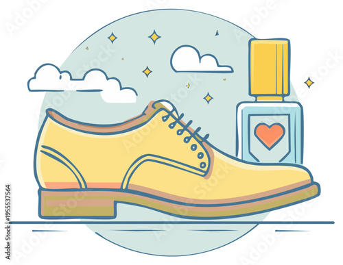 Elegant yellow dress shoe and heart nail polish bottle with whimsical clouds and sparkles