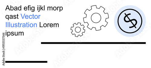 Financial management, business operations, economics, productivity, mechanism, technology. Gears and dollar symbol in a clean layout. Financial management and business operations concept