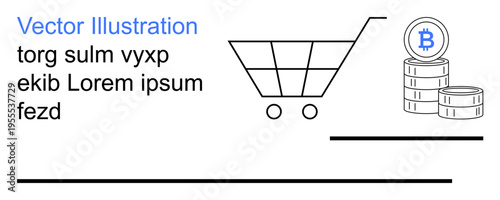 Cryptocurrency, e-commerce, online payments, digital economy, blockchain, secure transactions. Shopping cart and Bitcoin coins. Cryptocurrency and e-commerce concepts displayed visually