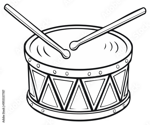 Illustration of Drum with Drumsticks Rhythm Instrument Percussion Beat Doodle Musical Equipment Music Black and White Drawing