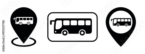 Bus and location icon vector illustration representing public transportation, bus stops, route navigation, and urban travel, clean flat design