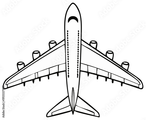 Top view of a stylized airplane with multiple engines, black and white line art