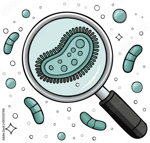Magnifying glass examines bacteria and microscopic organisms with bubbles and sparkles