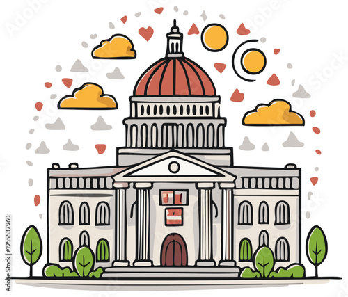 Illustrative sketch of a domed government building with artistic embellishments